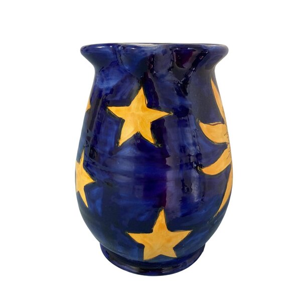 Celestial Sun Face Moon And Stars Blue & Yellow Pottery Pitcher Vase - Picture 3 of 7